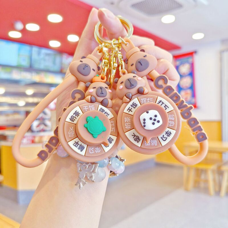 New Cute Capibara Turnaround Panda Turntable Keychain Chain Car School Bag Pendant Doll Machine Wholesale