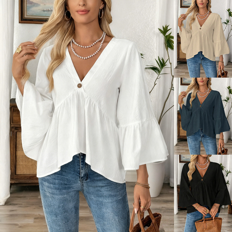 2026 European and American Cross-Border Women's Clothing Spring and Summer New Amazon Independent Station Pure Color V Neck Lotus Leaf Sleeve Cotton Top for Women