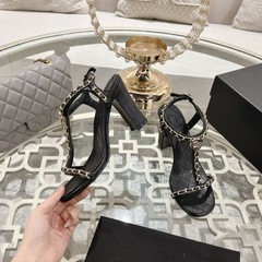 2025ss春夏新作小香風真皮菱格金属チェーン露指露と低ヒールハイヒールサンダル