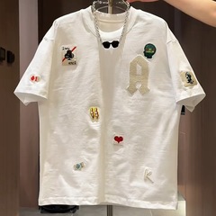 トレンディなインデザインカラフルな刺繍半袖Tシャツ夏の新しいメンズ韓国スタイルスリム半袖Tシャツ