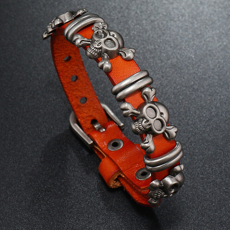 Skull Leather Bracelet Adjustable Retro Halloween Wristband_voghion.com