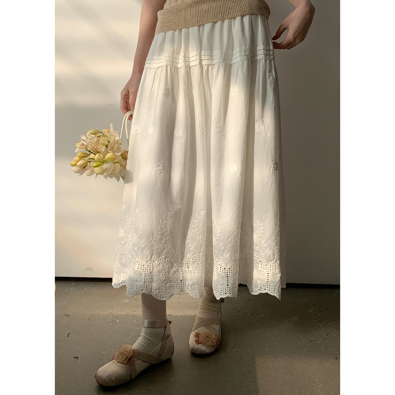 [No Returns or Exchanges] Large Hem Crochet Lace Hollow-Out Mid-Length Skirt with Super Elastic Waist and Slimming Effect Ye051