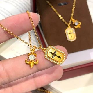 新中式沙金十字牌点钻鸢尾花吊坠小众设计百搭花朵锁骨链直播货源