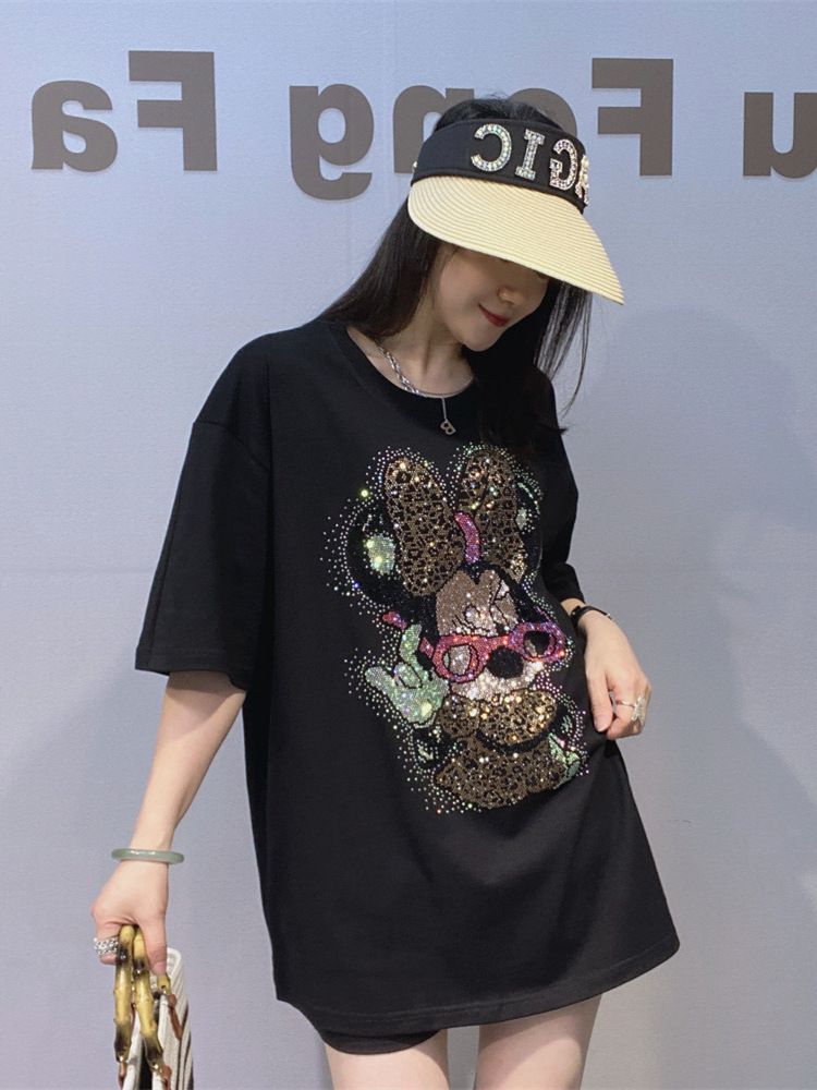 Camiseta de algodón camiseta de manga corta verano industria pesada diamante caliente marca camiseta negra mujer camiseta grande y media camiseta suelta blusa perezosa image 1