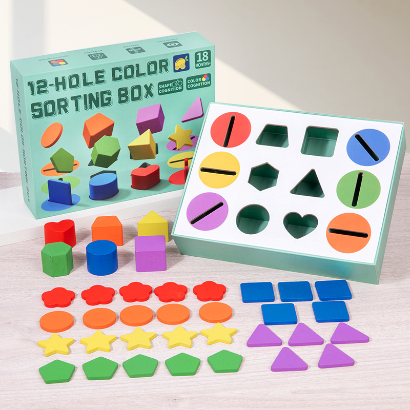 Weiweihu Children's Montessori Cross-border madera de doce agujeros caja de clasificación de formas de color bloques de construcción rompecabezas juguetes de partículas grandes