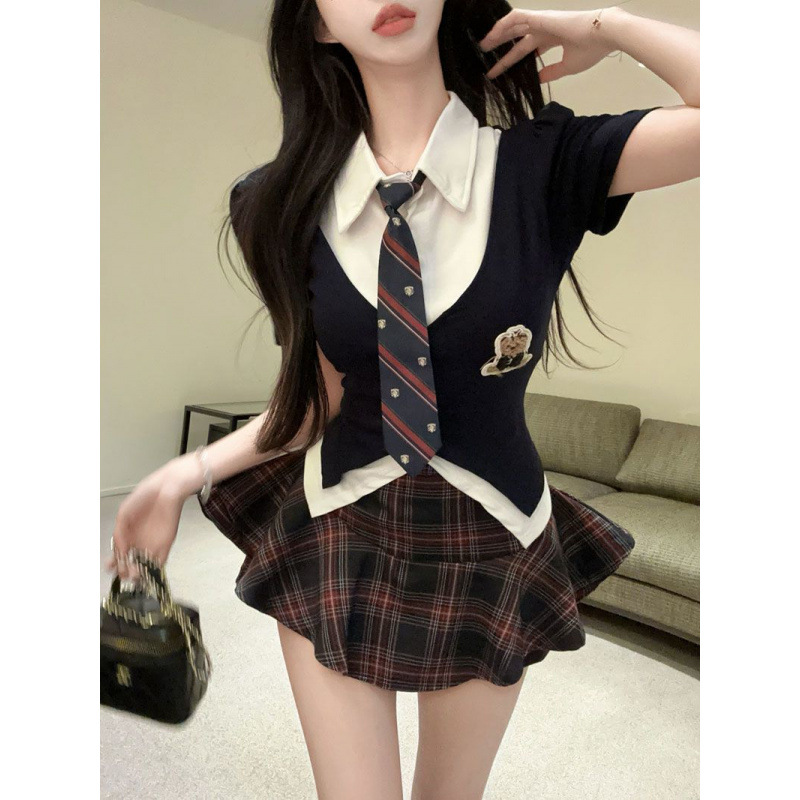 jk学院风套装女夏季新款制服短袖衬衫上衣显瘦高腰格纹裙裤两件套