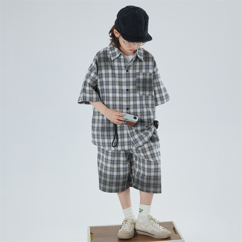 Boys' Plaid Shirt Set Summer Casual Korean Style Children's Loose Short-Sleeve Fashion Two-Piece Set 2026 New Trendy Model