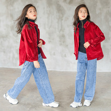 女童套裝2022秋冬韓版童裝加厚燈芯絨外套開衫襯衣加絨加厚闊腿褲