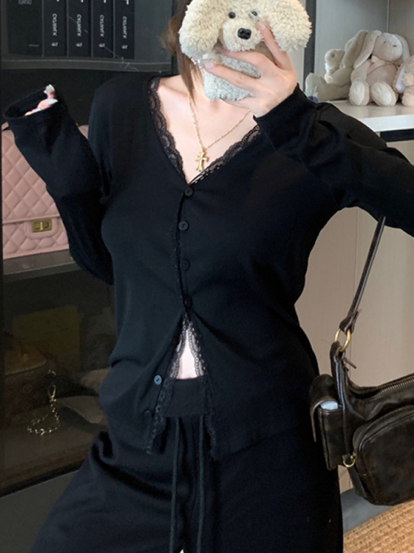 法式少女蕾丝花边软糯开衫女早秋修身V领外套超好看漂亮上衣2025|undefined