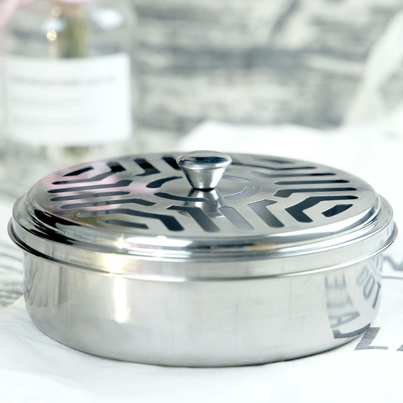 Mosquito coil holder with stainless steel lid, household safe and fireproof mosquito coil box, incense burner with ash tray, mosquito coil tray stand
