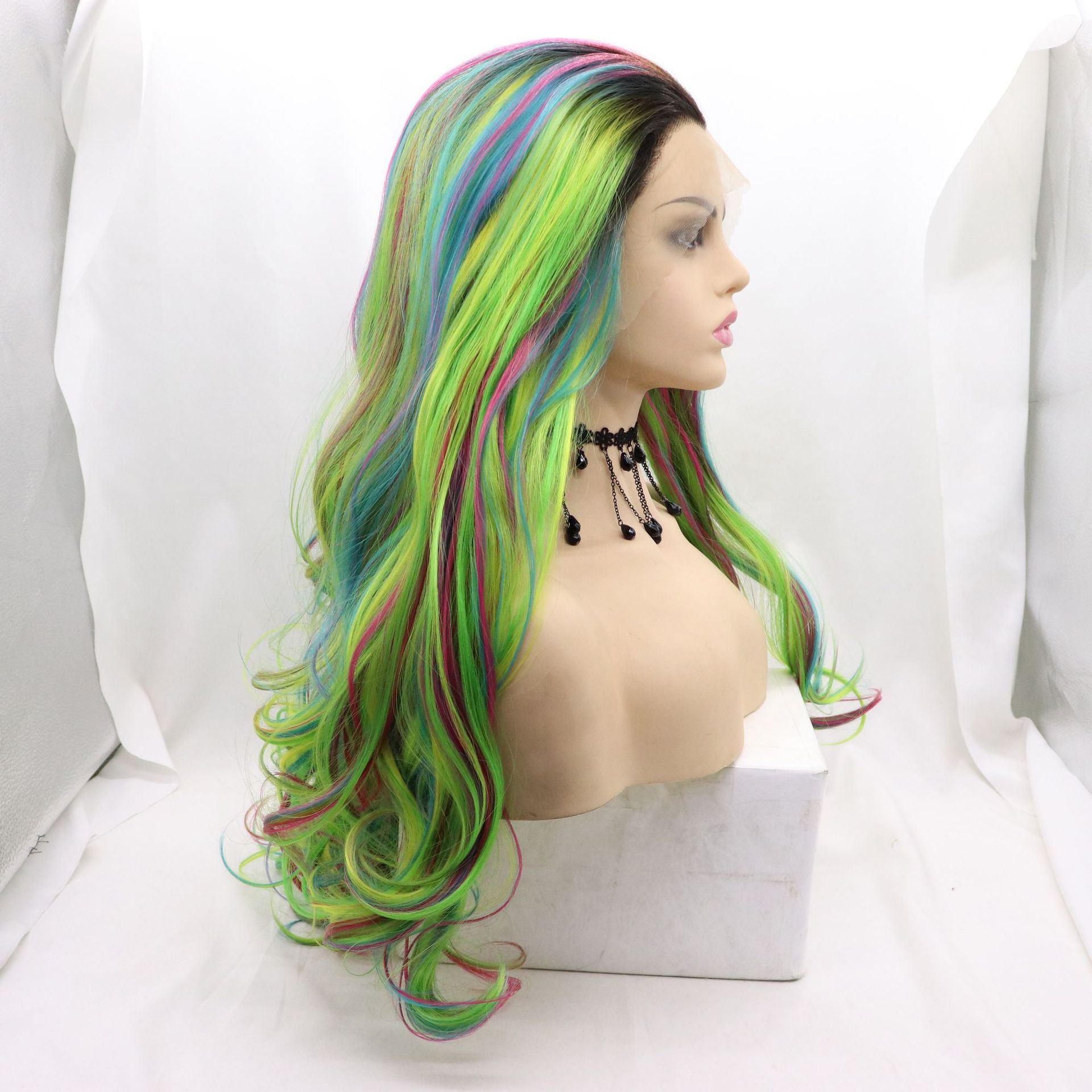 NEW LOOK frente encaje fibra química cubierta de cabeza gran cantidad de stock T color arco iris colorido cabello rizado largo de alta temperatura peluca de seda