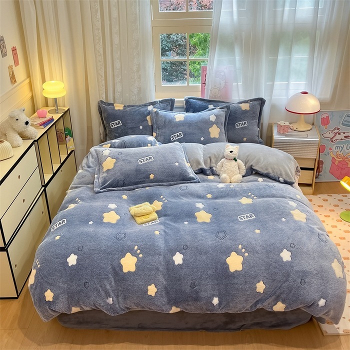 冬季牛奶珊瑚绒四件套立体雪花绒法兰绒加绒双面绒被套印花三件套|undefined