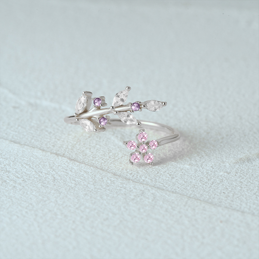 Adjustable Ring Size 925 Sterling Silver Zircon Leaves Rings