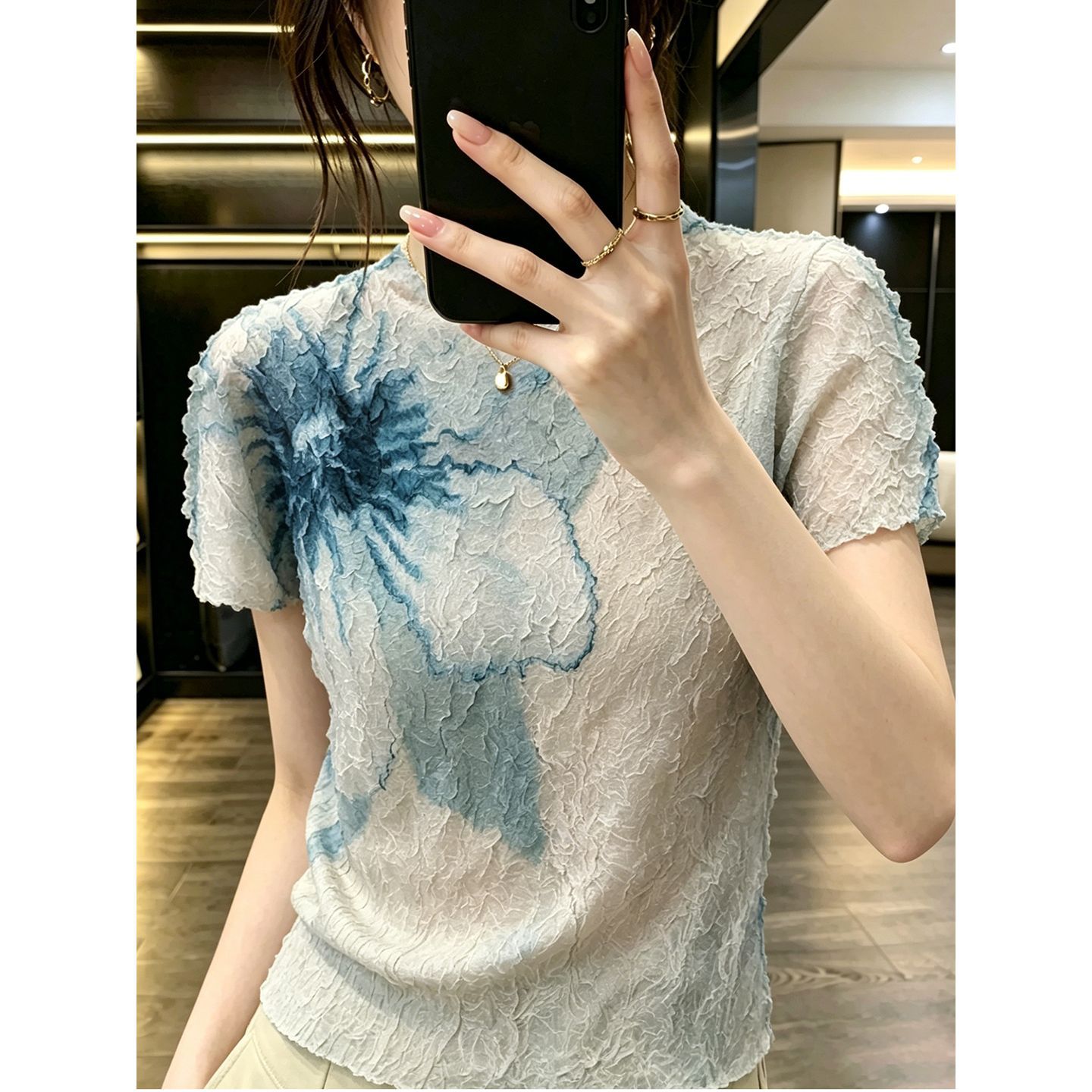 하이 엔드 디자인 프린트 하프 터틀넥 솔리드 컬러 반팔 티셔츠 봄 여름 새로운 기질 플리츠 스위트 탑