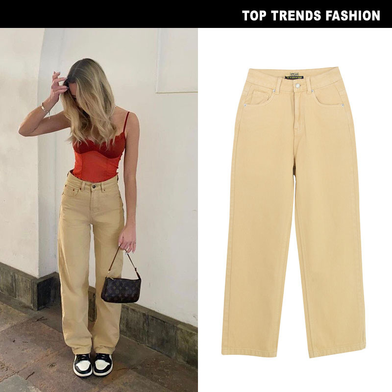 European and American women's high-waisted loose straight khaki denim pants with a drapey ice cream color, street style hot girl sneaker pants European and American women's high-waisted loose straight khaki denim pants with a drapey ice cream color, street style hot girl sneaker pants