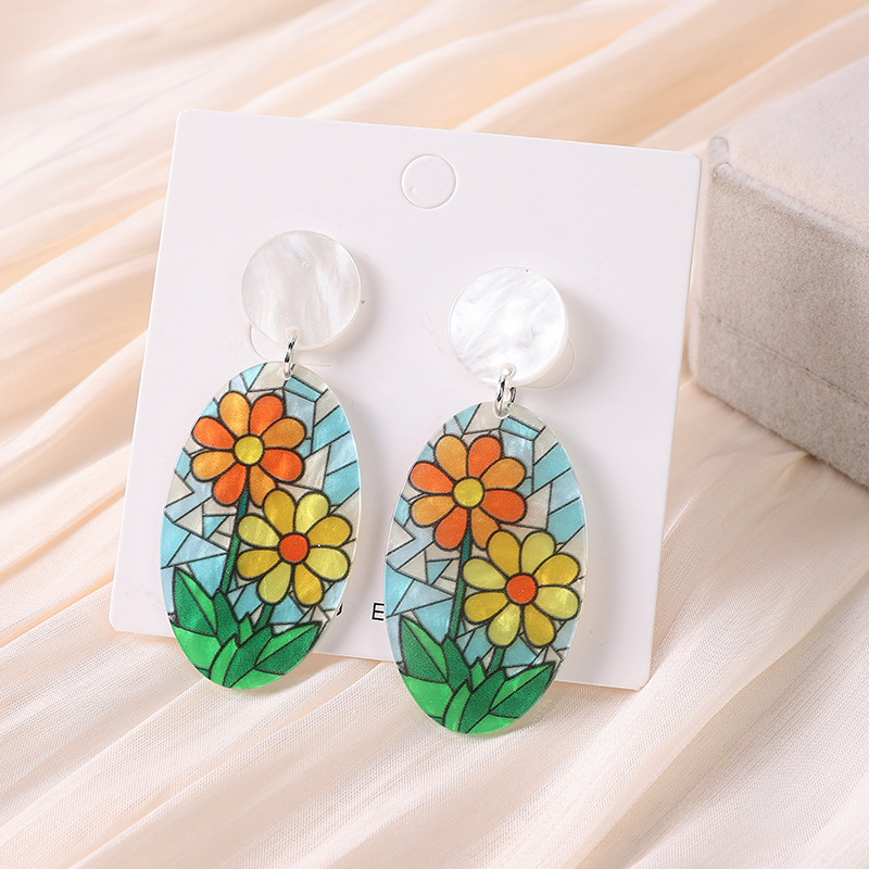 16g Weight Dangling Earrings Classification 1 Pair Quantity Holiday, Daily Occasion Acrylic Material Sunflower, Rose, Chrysanthemum Pattern Women's Gender Printing, Flowers Design Sweet Style 1 Pair Sweet Sunflower Rose Chrysanthemum Printing Flowers Arylic Dangling Earrings 2