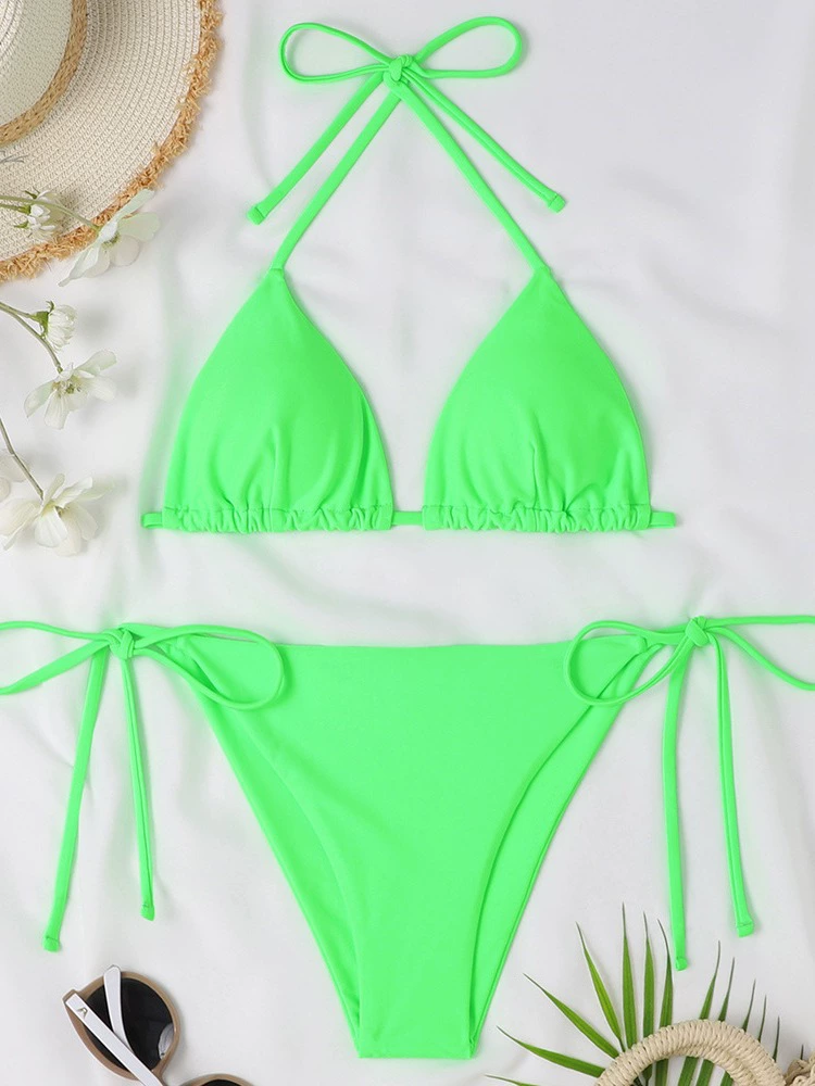Women's Nylon Bikini Set, Split Top with Cups, Backless Tie, Sizes XS–XL