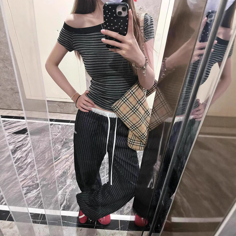 American Style Retro Striped Short-sleeved T-shirt Women's Summer New Slim-fit Slimming Chic High