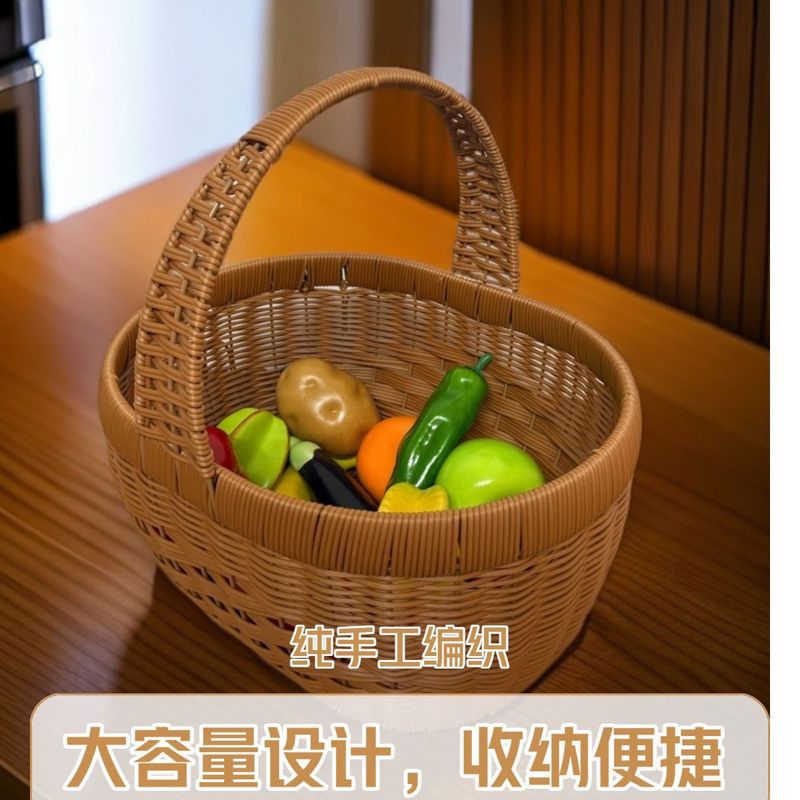 新しい純粋な手作り模造籐織りフルーツバスケットショッピングバスケットエッグポータブル野菜バスケット収納ピクニック|undefined