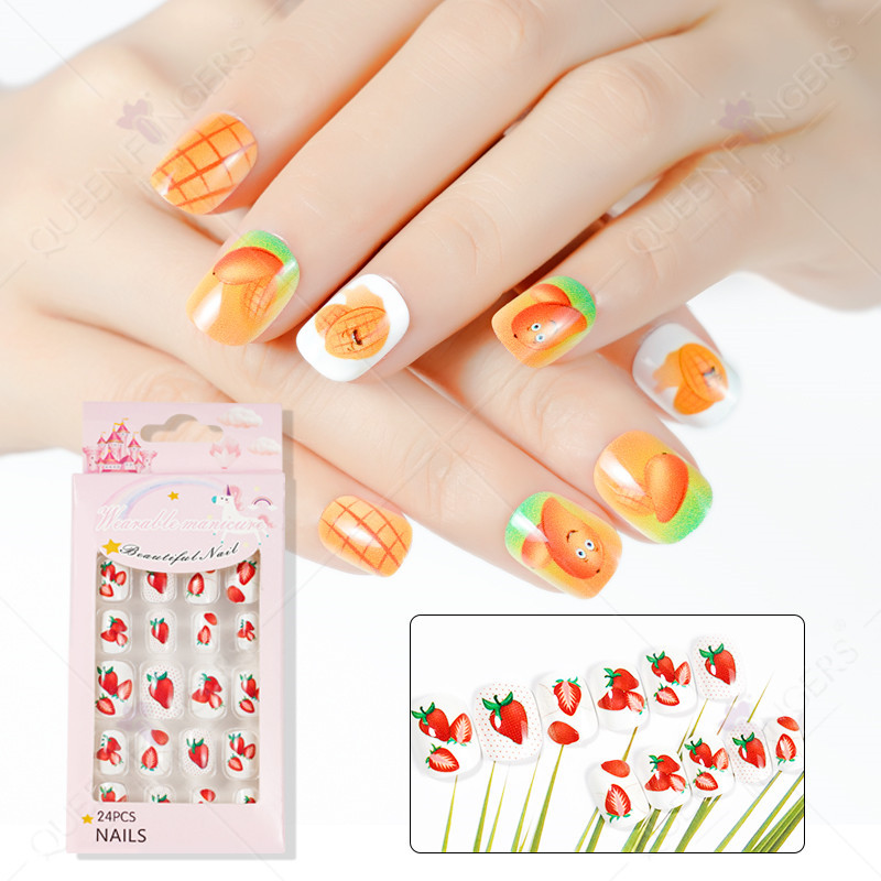Procesamiento personalizado de manicuría de tira de uñas para niños verano de dibujos animados frutas parches de uñas falsas desmontables de uñas