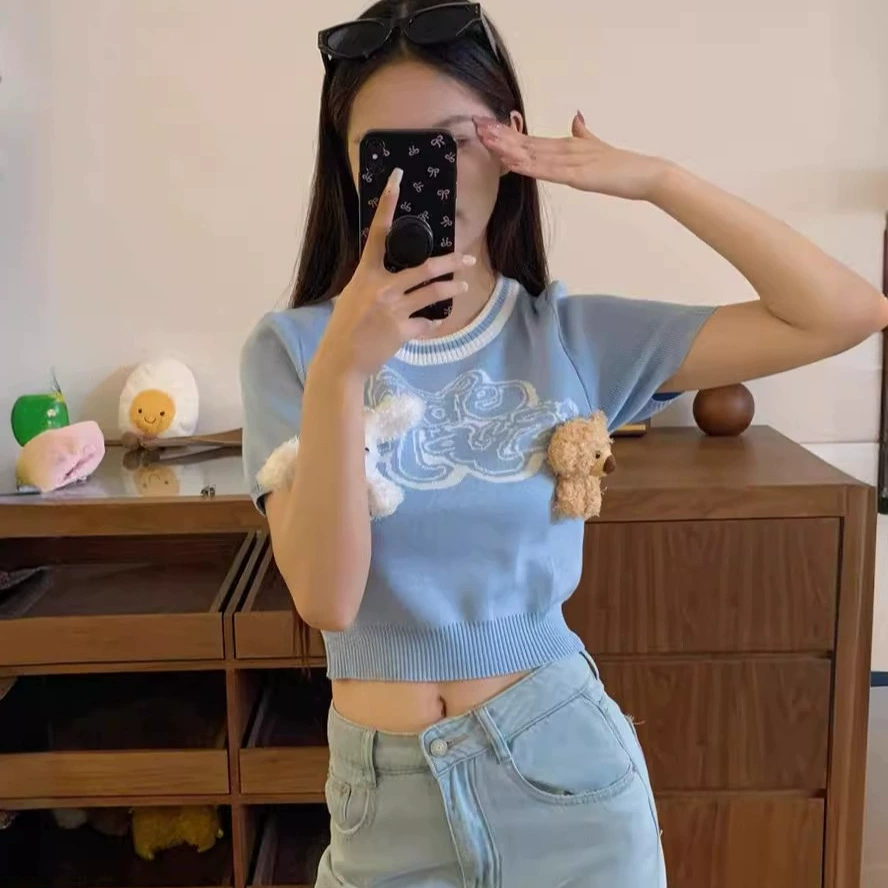 Корейский свитер с подвеской в ​​виде медведя, съемный свитер с короткими рукавами, летний тонкий укороченный топ с круглым вырезом