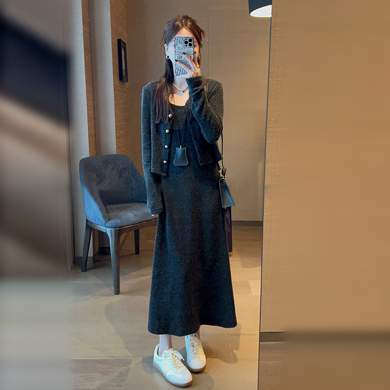 Korean Style Petite Outfit Black Tank Dress Long Dress 2025 Early Spring New Women's Suit