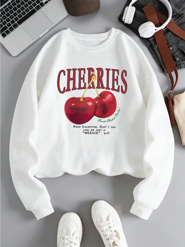 Fashionable Women's Sweatshirt with Fresh Red Cherry Print, Pullover Sweater, Round Neck, Soft and Breathable Wool Sweatshirt for Autumn
