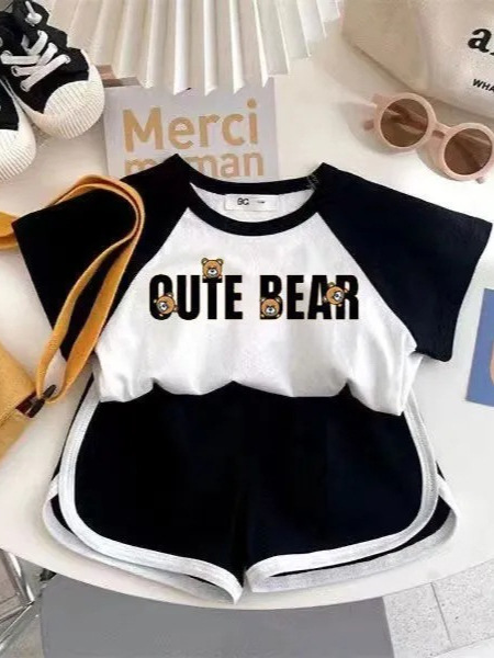2025 Moschino Summer New Round Neck Pullover Children's Clothing Printed Bear T-Shirt Raglan Short-Sleeved Baby Suit