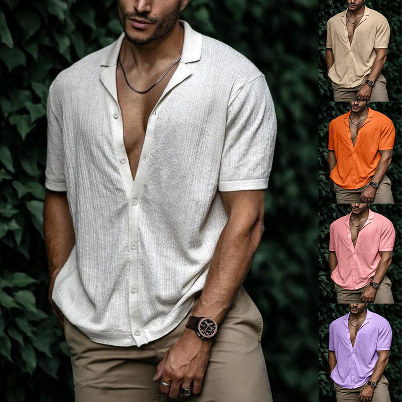 Los hombres europeos y americanos del verano nuevo comercio exterior Amazon casual cardigan de punto manga corta color sólido camiseta BK0010