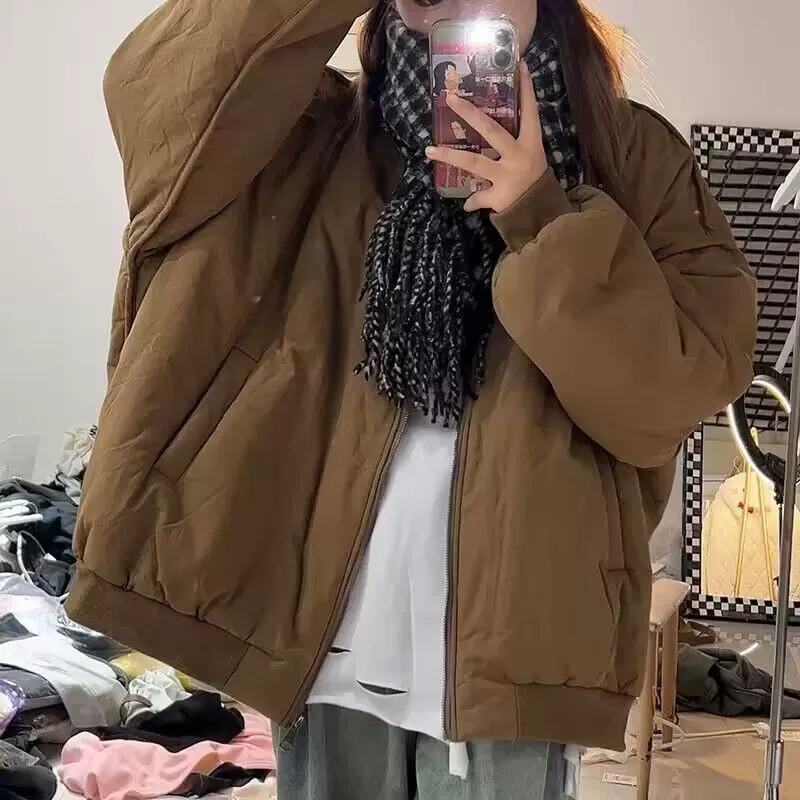 冬季外套女国潮新款宽松显瘦百搭纯色简约慵懒拉链加厚棒球服棉服