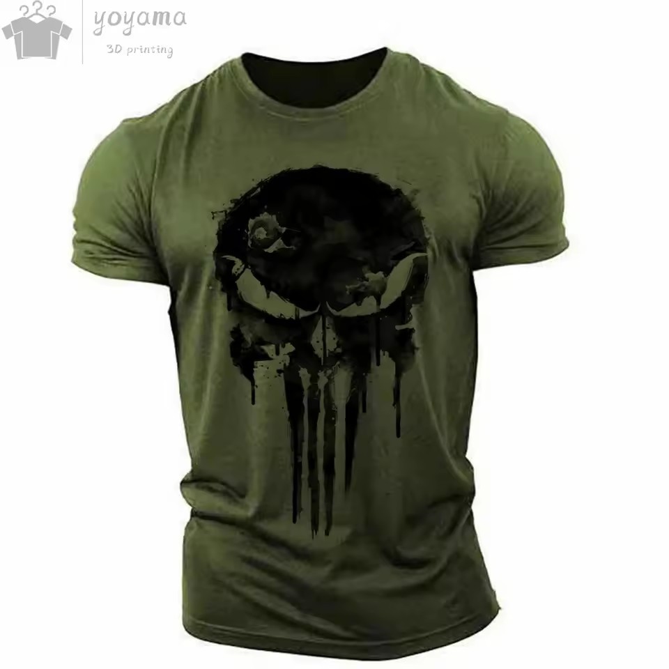 Moda venta caliente tinta calavera graffiti impresión 3D hombres verano calle moda hombro redondo cuello redondo camiseta de manga corta
