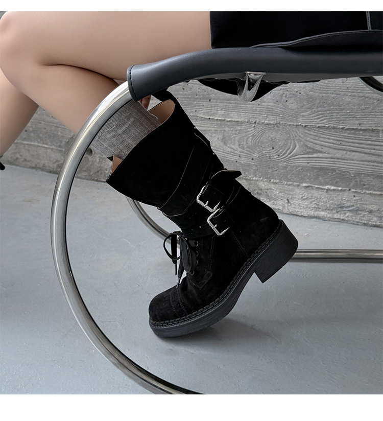 Boot cao bồi cổ trung bình da bò lộn phong cách retro, gót thấp khóa thắt lưng — đen, màu nâu sẫm, kaki chi tiết 29