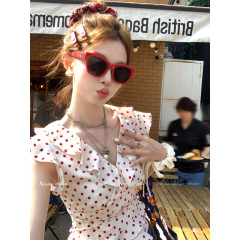 甘くて爽やかなショートフライングスリーブVネック水玉トップスとスカートスーツ女性用夏フレンチスタイル2点セット