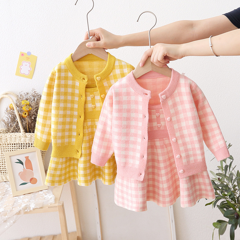Pullover-Set 2023 Neues Prinzessin-koreanisches kariertes Mädchen süßes und modisches Wollkleid_voghion.com