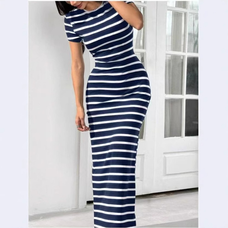 2025 New European and American Cross-Border Printed Knitted Striped Long Women's Dress