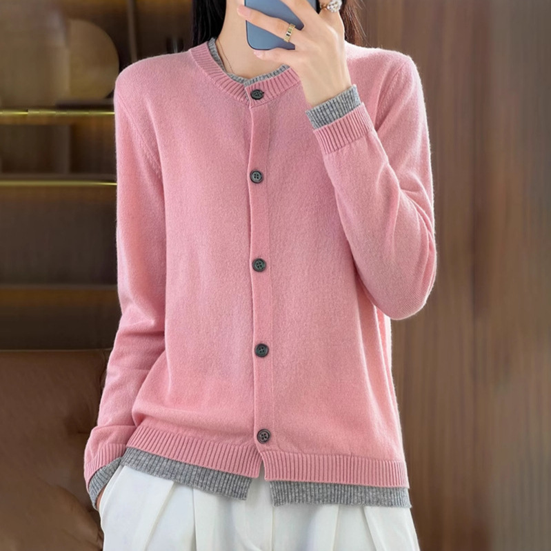 Fake Two-Piece Knitted Cardigan Jacket for Women, Spring and Autumn 2025 New Sweater, Solid Color Top, 2026 Spring Hot Trend