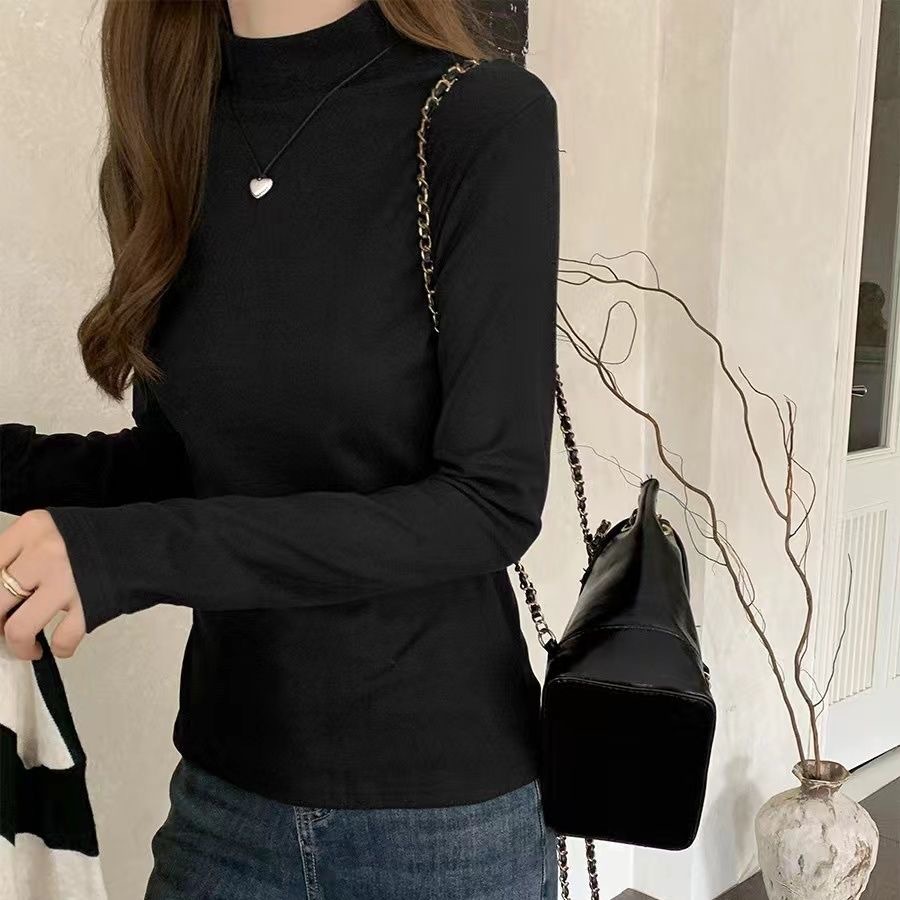 Pesado con camisa de terciopelo de doble cara multicolor de terciopelo caliente camiseta de fondo de cuello medio alto camiseta de manga larga de moda femenina image 4