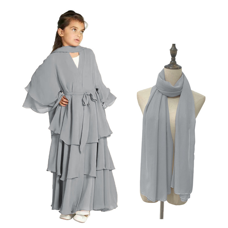 Yiduoduo's new three-layer chiffon elegant dress with belt 21462 children's clothing with scarf, sweet and fresh Yiduoduo's new three-layer chiffon elegant dress with belt 21462 children's clothing with scarf, sweet and fresh