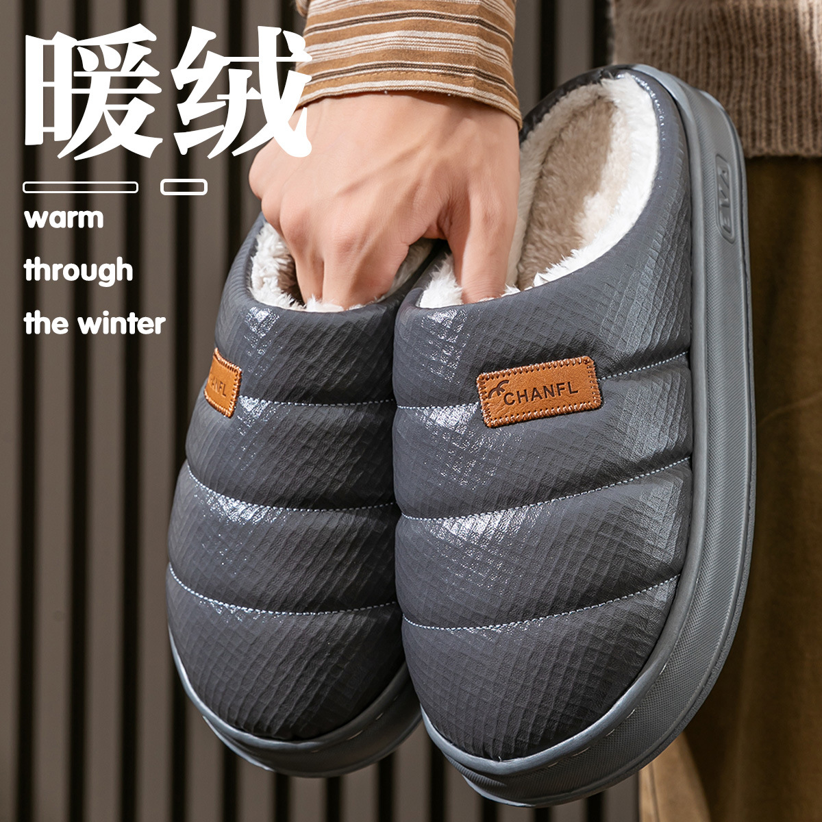 2025 nuevas zapatillas de algodón para hombres en invierno pu impermeable a prueba de desgaste fondo grueso antideslizante para el hogar interior mujeres a prueba de frío image 1