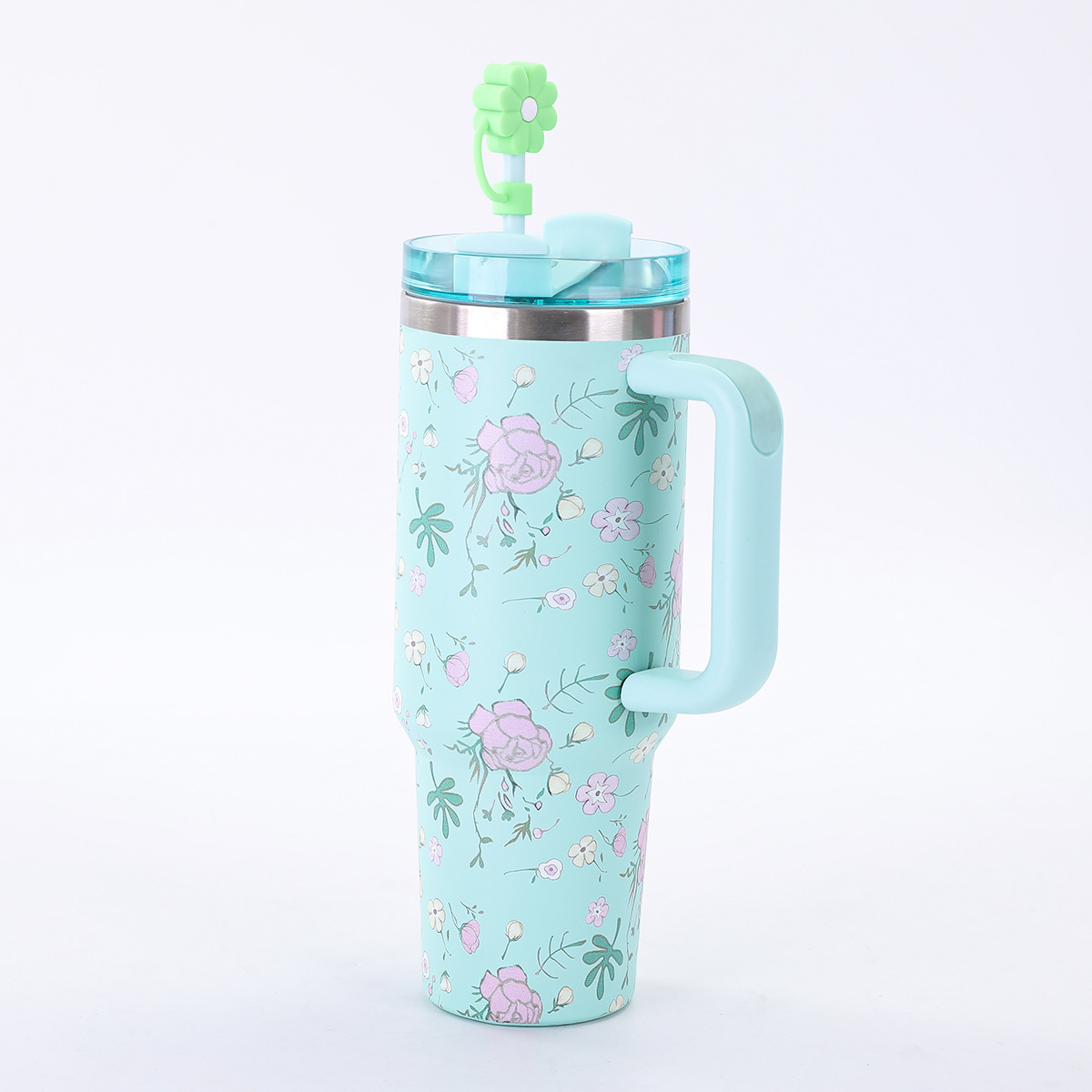 Vaso de Acero Inoxidable de 40 oz con Asa Floral, Gran Capacidad, Aislamiento al Vacío, Portátil para Exteriores con Pajita
