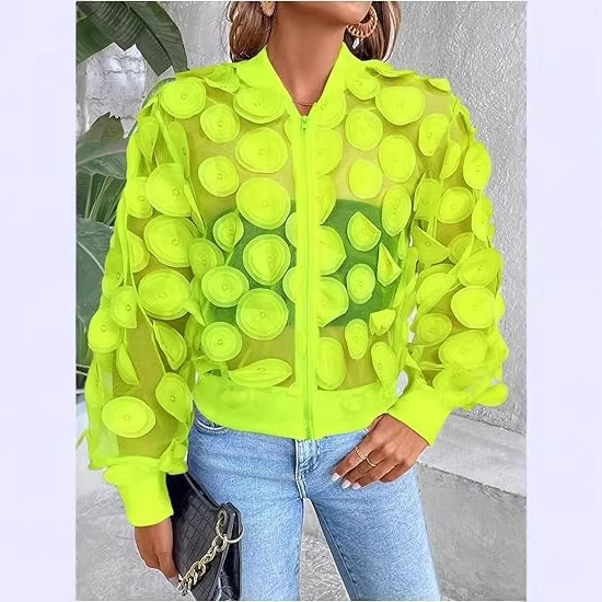 Women's Transparent Mesh Zip-Up Bomber Jacket with Long Sleeves, Baseball Collar, Bright Color, Trendy Style