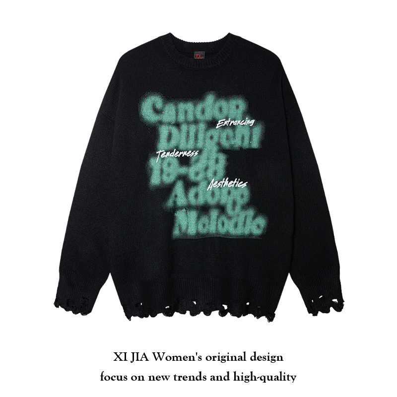 Trendy Street Style Fuzzy Letter Sweater for Women 2025 Autumn and Winter New Lazy Style Couple Loose Knit Top