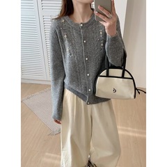 韩系重工绣花圆领针织开衫女春秋新款宽松慵懒风软糯短款毛衣外套