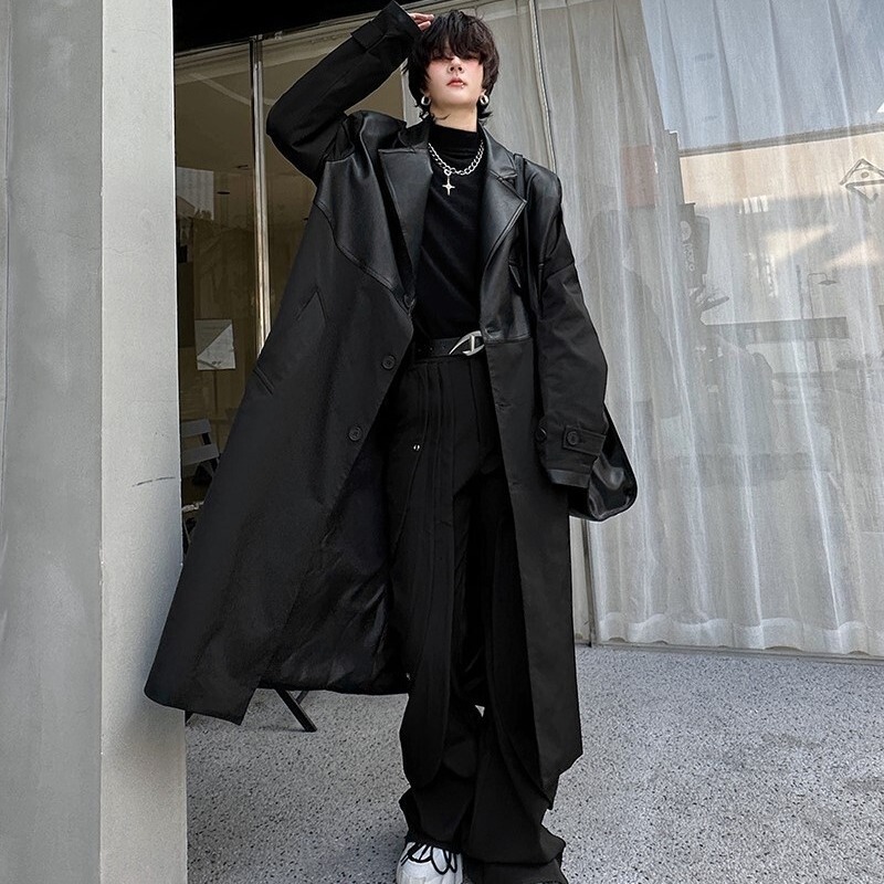 Korean boyfriend master style over-the-knee mid-length patchwork trench coat men's loose profile PU leather patchwork coat coat fashion