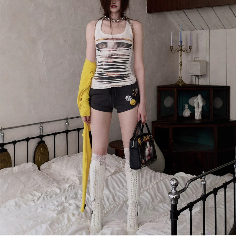 Irregular Ripped Motorcycle Cat Print Double-Layer Racer Vest Women's Design Sleeveless Top