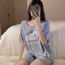 韩版可爱卡通短袖短裤套装睡衣带胸垫夏季款仿棉花边设计感家居服