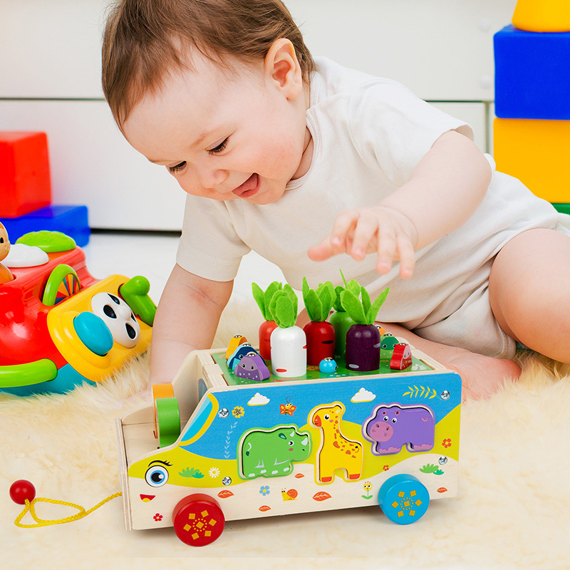 Puzzles infantiles transfronterizos educación temprana cognitiva divertida conejo dibuja rabanos juegos de mesa de madera entrenamiento de inserción casera