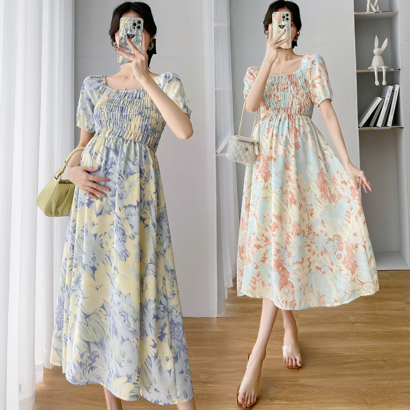 2025 Maternity Dress Summer Color Pregnancy Printed Long Skirt Maternity Dress Short-Sleeved Nightgown Summer
