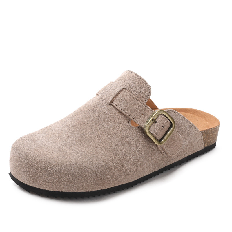 Suede Cowhide Slip-On Toe-Toe Birkenstock Shoes with Arch Support Cork Outer Wear Lazy Half Slippers for Women 3268-1A