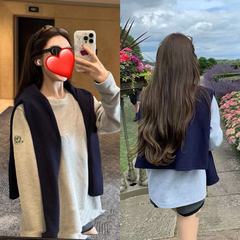 （现货）奶姐 网球俱乐部华夫格藏青色/花灰色卫衣